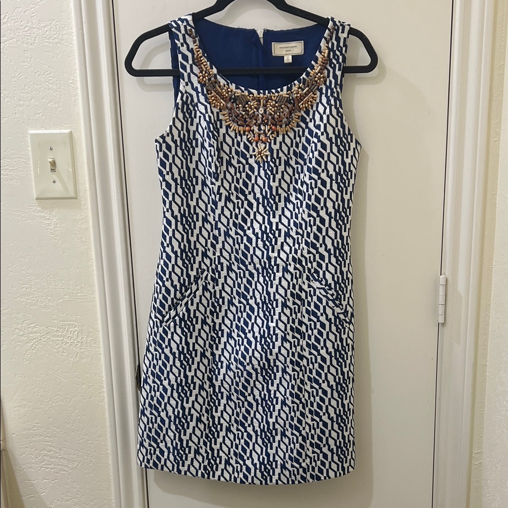 Moulinette Soeurs Navy Geometric Mini Dress with Gold Beaded Neckline